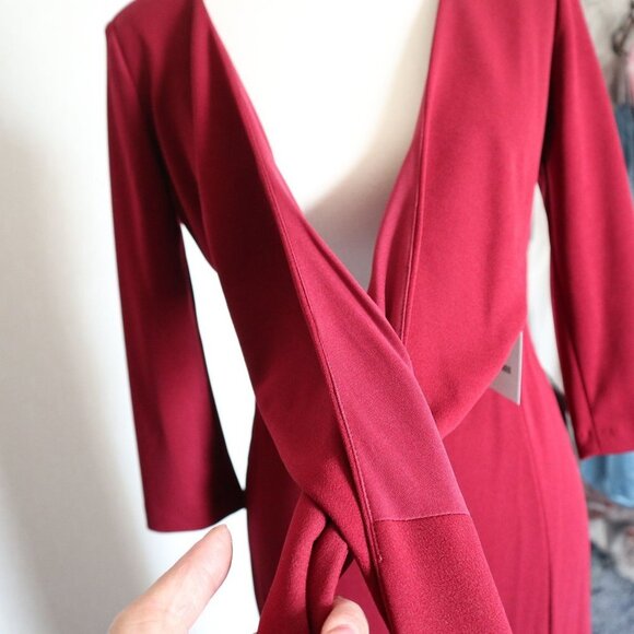 After Six 6814 Burgundy Red V-neck Crepe Sleeve Slit Front Evening Gown Small - Picture 9 of 13